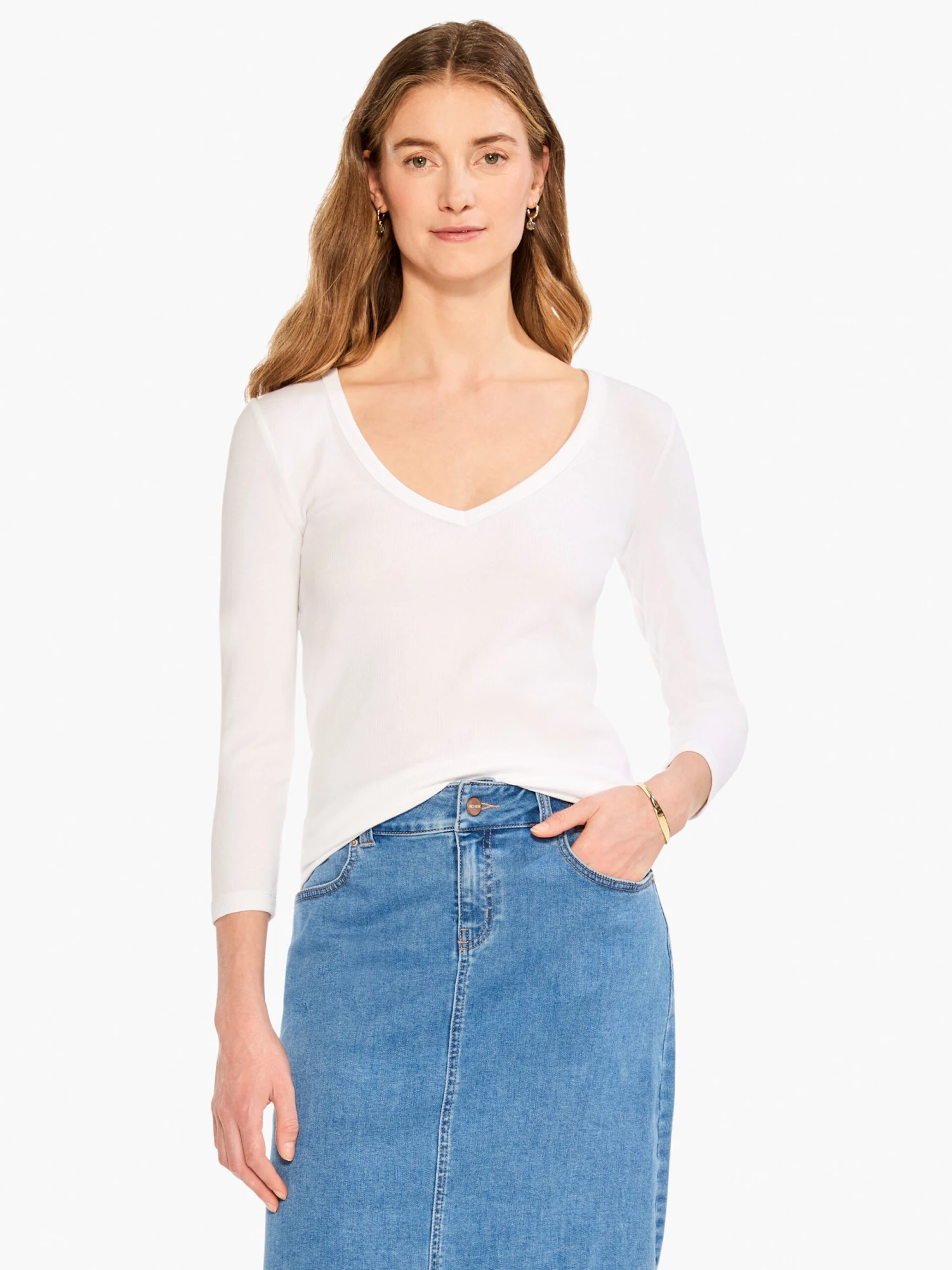 Perfect Knit Rib 3/4 Sleeve V Tee PAPER WHITE 3 Perfect Knit Rib 3/4 Sleeve V Tee PAPER WHITE